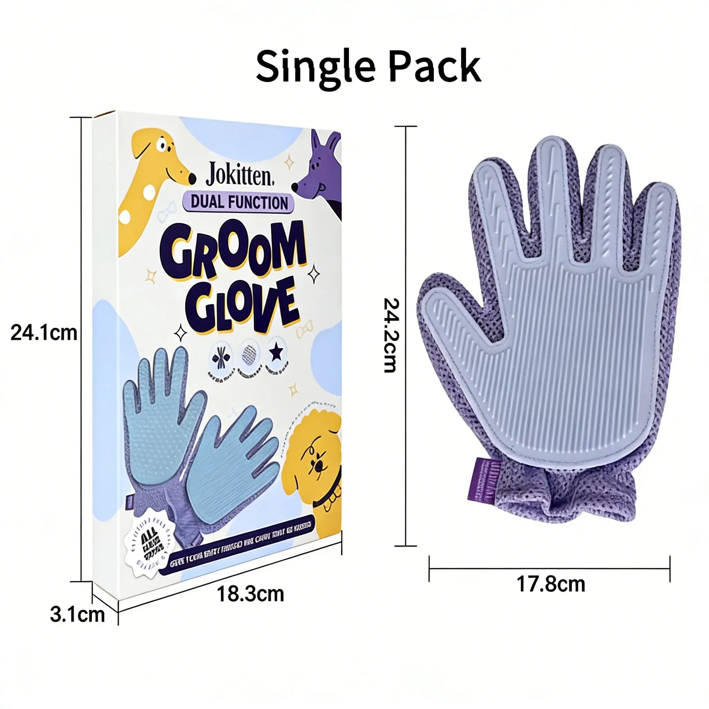 1-Pack Efficient Pet Hair Remover Glove for Dogs & Cats, Gentle Double-Sided Pet Grooming Glove Brush, Five Finger Massage Design Deshedding Glove for Multi-Role Bathing, Massaging, Grooming, Shedding, Furniture Fur Cleaning