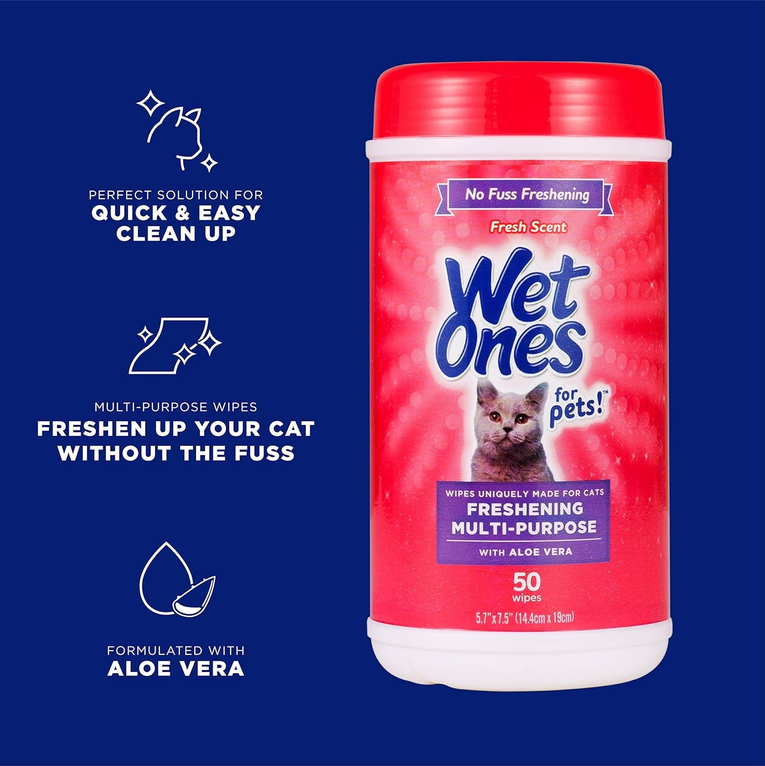 for Cats Freshening Wipes, Multi-Purpose Cat Grooming Wipes with Aloe Vera, Helps Remove Dirt, Odor, and Dander between Baths, Fresh Scent, 50 Count