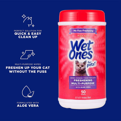 for Cats Freshening Wipes, Multi-Purpose Cat Grooming Wipes with Aloe Vera, Helps Remove Dirt, Odor, and Dander between Baths, Fresh Scent, 50 Count