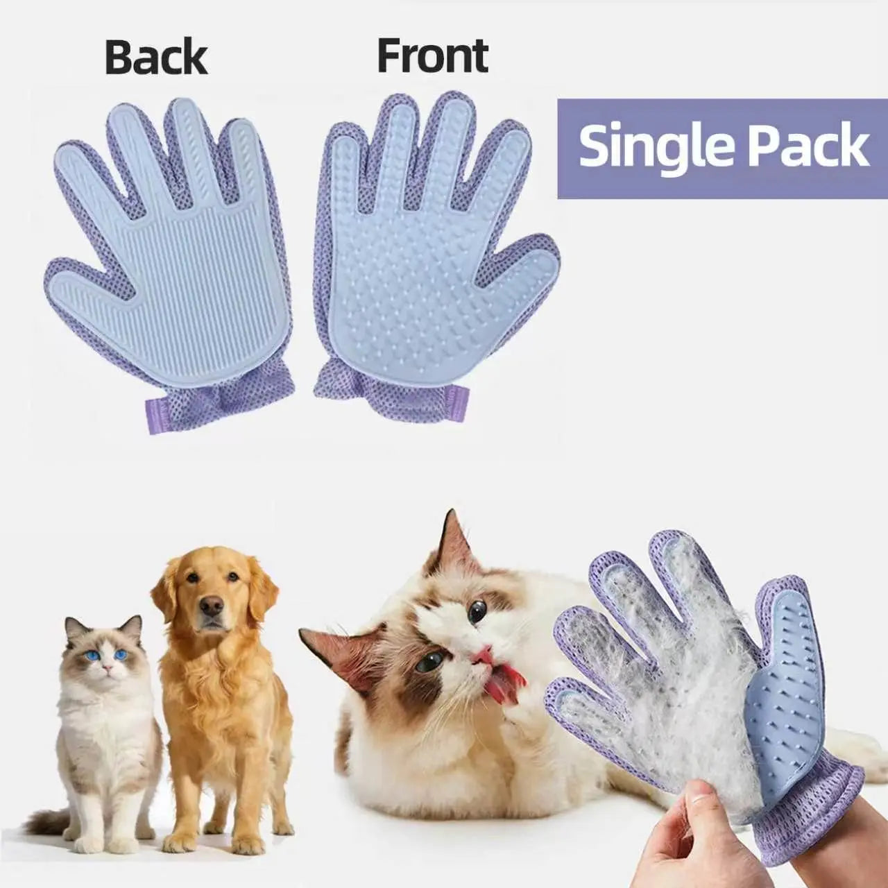 1-Pack Efficient Pet Hair Remover Glove for Dogs & Cats, Gentle Double-Sided Pet Grooming Glove Brush, Five Finger Massage Design Deshedding Glove for Multi-Role Bathing, Massaging, Grooming, Shedding, Furniture Fur Cleaning