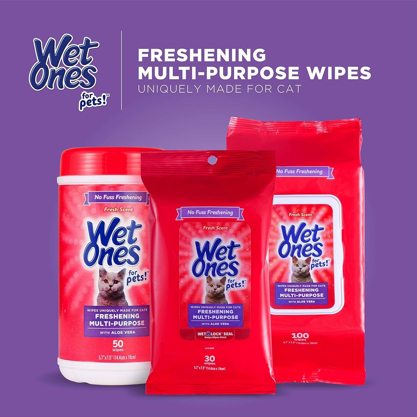 for Cats Freshening Wipes, Multi-Purpose Cat Grooming Wipes with Aloe Vera, Helps Remove Dirt, Odor, and Dander between Baths, Fresh Scent, 50 Count