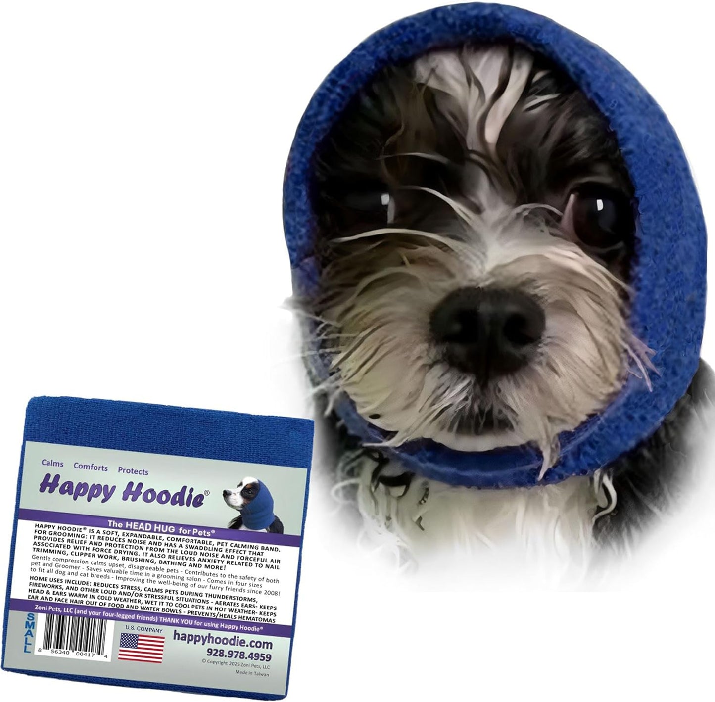 Happy Hoodie the Original Dog & Cat Calming Band - American Brand - Anxiety Relief/Noise Protection-Grooming-Thunder-Fireworks (Small, Blue) - since 2008