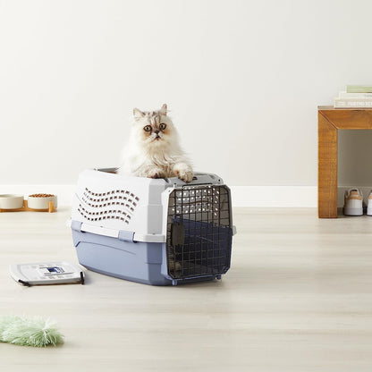 Sturdy Portable 2-Door Top-Load Hard-Sided Pet Travel Carrier with Secure Ventilation, Handle, Front & Top Entry for Dogs, Cats, 22.8"L X 15"W X 13"H, Gray & Blue
