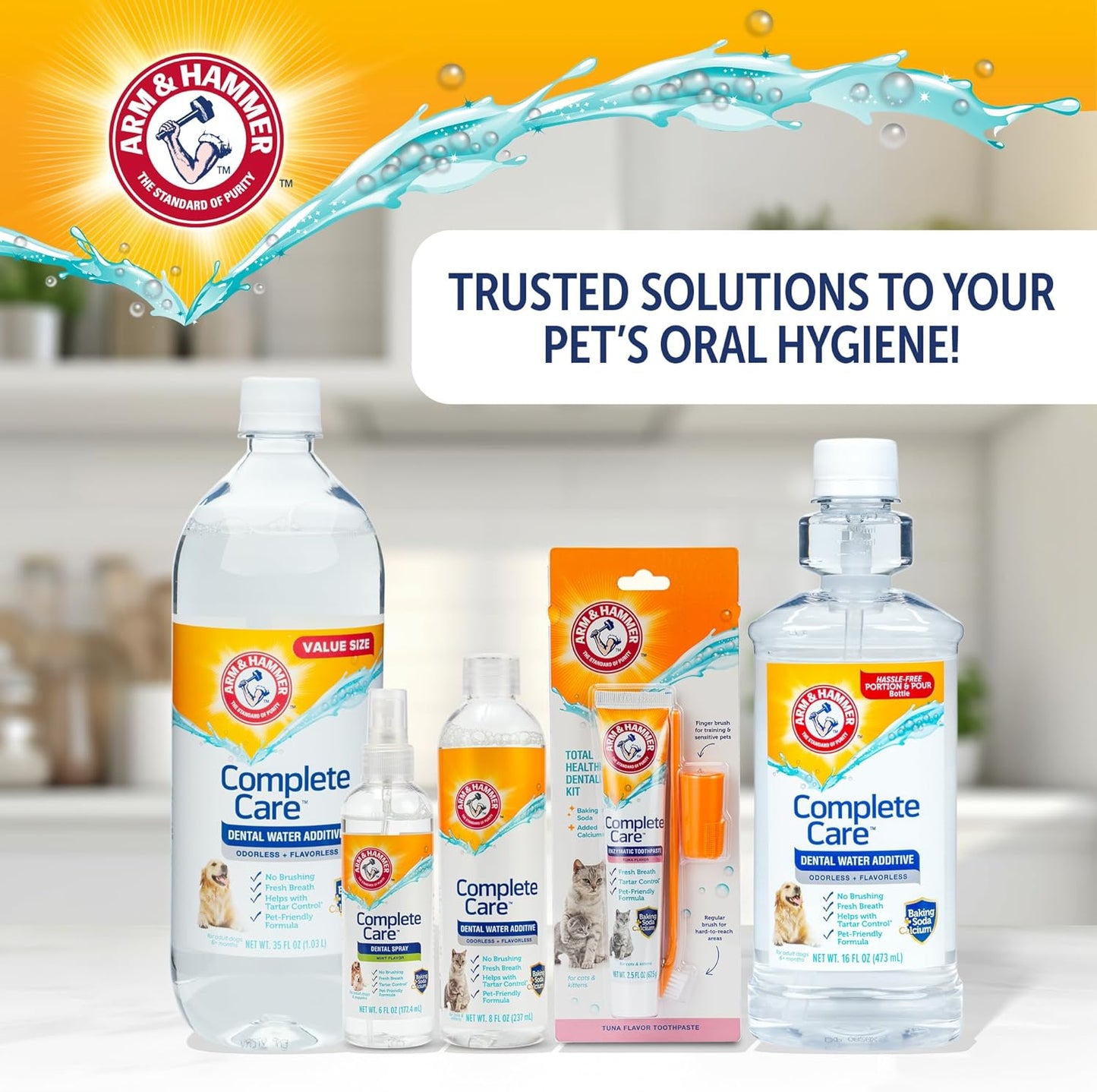 Complete Care Dog Dental Water Additive, Odorless Flavorless Daily Oral Care Solution with Baking Soda and Calcium for Plaque, Tartar, and Fresh Breath, 16 Fl Oz