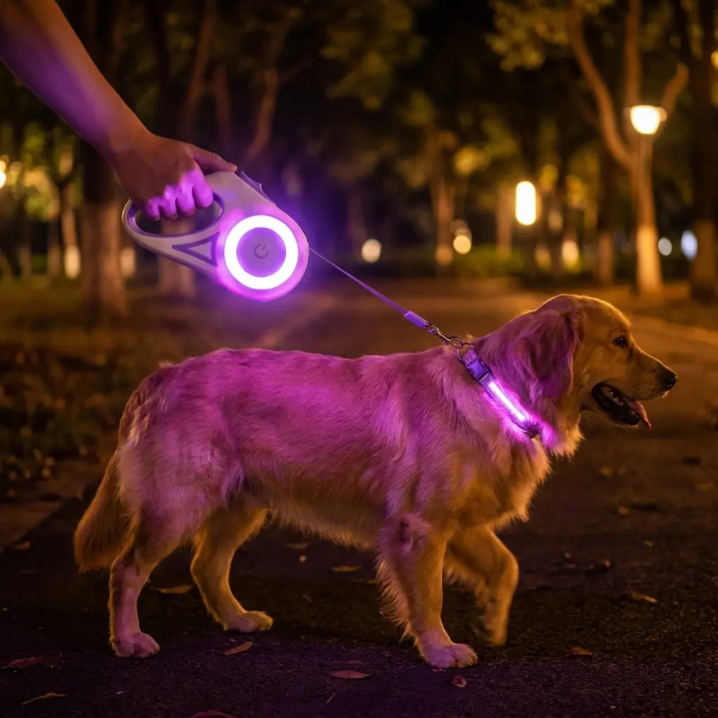 Illuminate Your Night Walks with the Pawzseek LED Retractable Dog Leash - A Must-Have for Safe Evening Strolls!