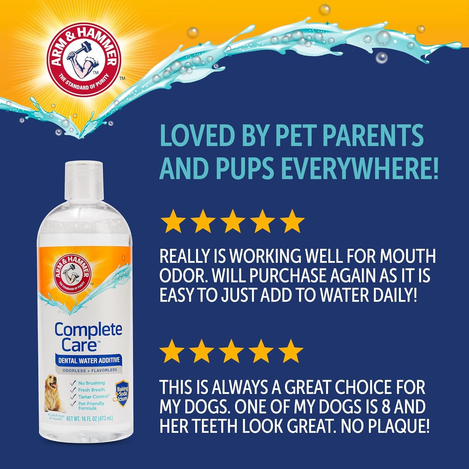 Complete Care Dog Dental Water Additive, Odorless Flavorless Daily Oral Care Solution with Baking Soda and Calcium for Plaque, Tartar, and Fresh Breath, 16 Fl Oz